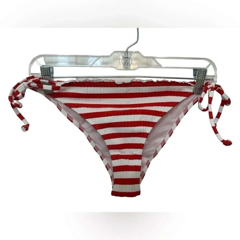 Roxy Hello July Side Tie Bikini Bottoms red and white stripe NWT